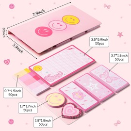 L1rabe Preppy Sticky Notes Set - 550 Sheets Christmas Y2K Smile Face Self-Stick Notes Pads College School Supplies Pink Divider Tabs Bundle Writing Memo Pad for Preppy School Students Birthday Gifts