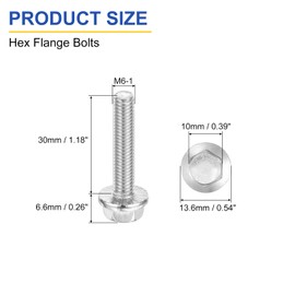 sourcing map 10Pcs M6 x 30mm Hex Serrated Flange Bolts Screws, 304 Stainless Steel Flanged Hex Head Bolts Flange Hexagon Screws for Households, Machine Tools, and DIY project, Silver