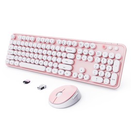 Wireless Keyboard and Mouse Combo, Ergonomic Full Size Typewriter Retro Round Keycaps Keyboard, Compatible with Windows, PC, Perfer for Home and Office Keyboards (Lovely Pink)