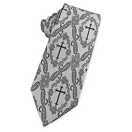 KOOELLE Mens Novelty Religous Necktie Christian Cross & Paisley Tie (Silver Gray)