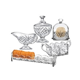 Godinger Serving Hostess Set - Butter Dish, Sugar and Creamer, Packet Holder, Cracker Tray - 5 Piece Set, Dublin Collection