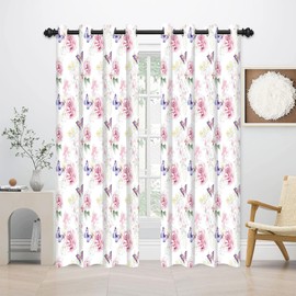 Watercolor Floral Blackout Curtain,Pink Rose Blackout Curtains 63 Inch Length 2 Panel Set,Blossom Botanical and Butterflies Window Curtain,Spring Garden Room Darkening Curtain for Decor 42x84 inches