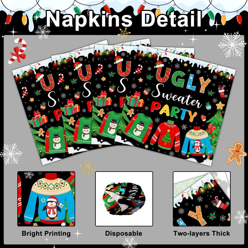 50 pcs Ugly Christmas Sweater Party Decorations Paper Napkins 6.5