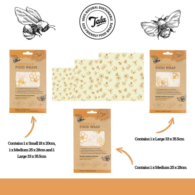 Tala Reusable Beeswax Food Wraps, Honeycomb Patterned Design, Measuring 25