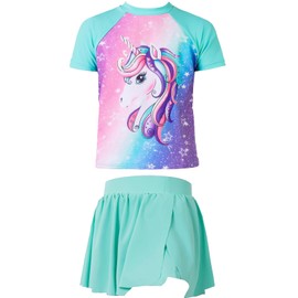Swimming Suit for Girls Bathing Suit Set Unicorn Short Sleeve Flowy Skirt Butterfly Short Printed Rashguard UPF 50+ Sun Protection Size 9 10