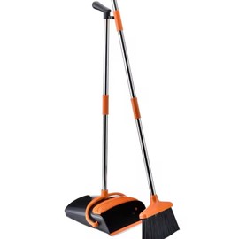 Heavy-Duty Long Handle Broom and Dustpan Set – Upright Dust Pan with Self-Cleaning Teeth for Home, Office, and Commercial Use – Ergonomic Design for Easy Sweeping