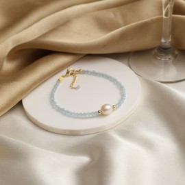 Gempires Aquamarine Gemstone Bracelet with Freshwater Pearl, Beaded Bracelet, Pearl Bracelet, March Birthstone, Party Wear, 6.5 + 1 Inch 14k Gold Plated Adjustable Chain (Aquamarine)