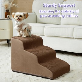 LEXTRO Dog Stairs for Small Dogs, 3-Steps Dog Ramp for Bed and Couch, Pet Stairs with Highly Supportive Foam and Non-Slip Bottom, Dog Steps for Cat & Doggie (High 15.7 Inch), Brown