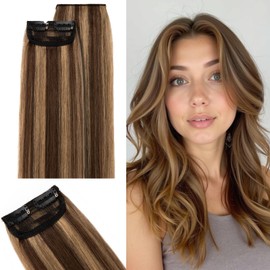 SEGO Clip in Hair Extensions for Women, 100% Remy Human Hair, Mini Hairpieces with 2 Clips, Short Extensions to Add Hair Volume, 1 Pcs, 12 Inches, 17g, Medium Brown&Dark Blonde