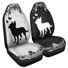 Howilath Car Seat Cover Universal Black & Grey Baroque Chihuahua Floral Printed Hippie Van Auto Front Seats Covers 2 Sets