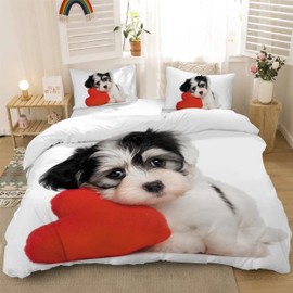 HOMHOMHA Dog Duvet Cover Set Double Size for Adults Bed 3D Printed Schnauzer with Red Heart White Background Duvet Cover Set Zipper Closure Puppy Bedspread Bedroom Bedding Set
