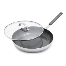 GreenPan x Bobby Flay Stainless Steel 12” Frying Pan Skillet with Glass Lid, Professional Grade Tri Ply, PFAS-Free Ceramic Nonstick, Induction Suitable, Dishwasher & Oven Safe, Stay Cool Handle