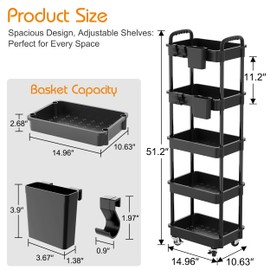 Goderewild Utility Rolling Cart,Storage Cart with Lockable Caster Wheels,Storage Shelves Organizer,2 Hanging Cups and 4 Hooks,Easy Assembly,for Living Room Bathroom,Kitchen,Office (Black, 5 Tier)