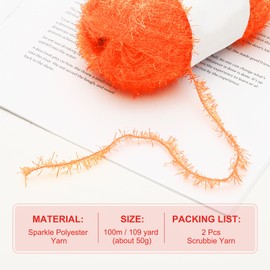PATIKIL 2 Skeins 109 Yards Scrubbie Yarn, Sparkle Yarn Polyester Scrubbie Sparkle Red Heart Glass for Dishcloths Crocheting Knitting Blanket Rug Sweater Scarf Hat, Orange
