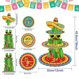 3-Tier Mexican Fiesta Cupcake Stand - 18 Inches Tall, Cactus and Sombrero Design Dessert Stand Holder Display for Cinco de Mayo, Taco Party Supplies, Birthday, and Mexican Theme Decorations