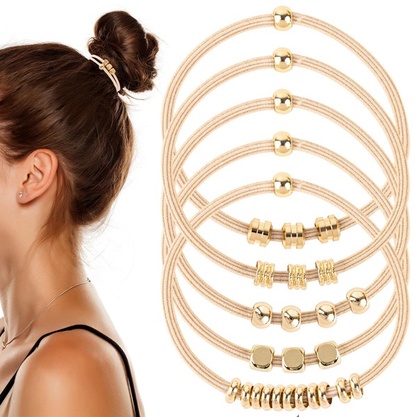 Framendino, 5 Pack Elastic Hair Ties Bracelets with Gold Beaded