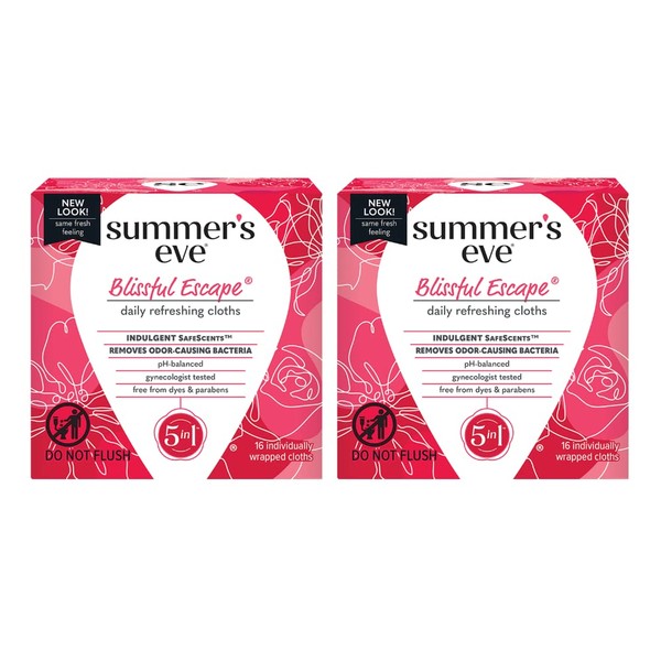 Summer's Eve Blissful Escape Daily Refreshing Feminine Wipes, Removes Odor, pH balanced, 16 count, (Pack of 2)
