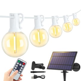 Larkvue 25FT Solar String Lights Outdoor with Remote, Waterproof Dimmable 3 Modes Patio Lights with 10+1 LED Shatterproof G40 Bulbs for Garden-White
