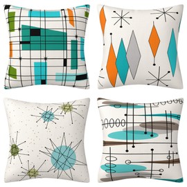 Geometric Pillow Cover Farmhouse Decorative Throw Pillow Case Indoor Outdoor Cushion Cover Teal Turquoise Orange Retro Grid Starbursts Linen Pillowcase for Couch Living Room 18 x 18 Inch Set of 4