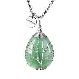 JADENOVA Healing Crystal Necklace for Women Tree of Family Pendant Family Tree Wire Wrapped Jewelry Energy Healing Teardrop pendant (24 Inches Stainless Steel Chain) Natural Aventurine
