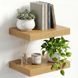 Fun Memories Oak Finish Floating Shelves for Wall, Set of 2, 16 Inch Wall Mounted Shelves, 12" Deep x 2" Thick Storage Shelves with Invisible Brackets for Bathroom Bedroom Living Room Kitchen
