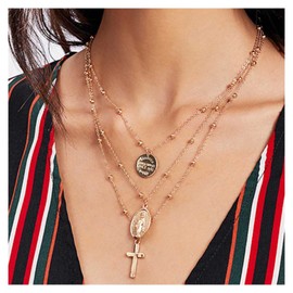 Inilbran Boho Virgin Mary Necklace Choker Layered Coin Pendant Necklace Chain Gold Cross Crucifix Chain Necklace Religious Round Disc Necklace Jewellery for Women and Girls, Metal