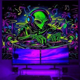 Onivein Blacklight Alien DJ Tapestry UV Reactive Space Galaxy Tapestry Funny Music Wall Tapestries Coconut Tree Wall Hanging Decor for Home Dorm 60 x 50 Inches
