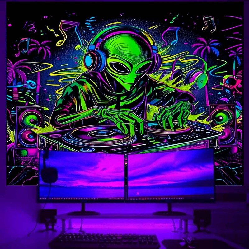 Onivein Blacklight Alien DJ Tapestry UV Reactive Space Galaxy Tapestry