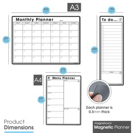 TMS Weekly Planner Set #2 - Magnetic Dry Erase Whiteboard | Includes A4 Menu Planner, S3 To Do List, A3 Monthly Calendar and 4 Dry Erase Marker Pens (White, Pack 2)