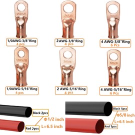 SVAAR 34pcs Battery Cable Lugs kit 1/0 Gauge 2 Gauge 4 Gauge Bare Copper Lugs with 5/16"and 3/8" Stud Heavy Duty 0 2 4 AWG Wire Lugs Ring Terminal Connectors Crimp Cable Ends with 3:1 Heat Shrink Tube
