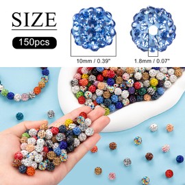 150 Pcs Rhinestone Beads for Crafting, 10mm Shiny Round Shamballa Disco Beads, Light Blue Sparkle Crystal Clay Bead for DIY Necklace Jewelry Making Holidays Decorations