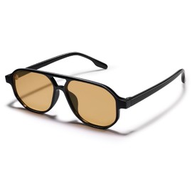 VANLINKER Retro 70s Aviator Sunglasses for Women Men,Classic Small Square Vintage Trendy Hexagonal Shades 2025 UV400 VL9870,Black/Light Brown