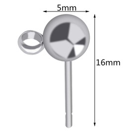 Tongcloud 100pcs Hypoallergenic Silver Ball Post Earrings Stainless Steel Stud Earrings with Loops (Sliver, 5mm)