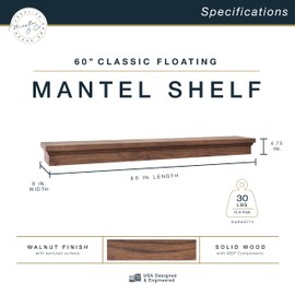 MCS 60-Inch Mantel, Master & Co Walnut Woodgrain Solid Wood Floating Fireplace Mantel, Long Floating Shelf for Livingroom with Wood Cleat Hanging System, Photo and Home Decor Display Shelf