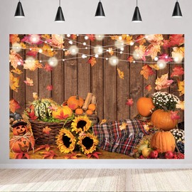 LYCGS 7X5ft Fall Backdrop Fall Thanksgiving Photography Backdrop Autumn Wood Backdrop Autumn Maple Leaf Pumpkin Haystack Sunflowers Photo Background Autumn Party Banner X-160