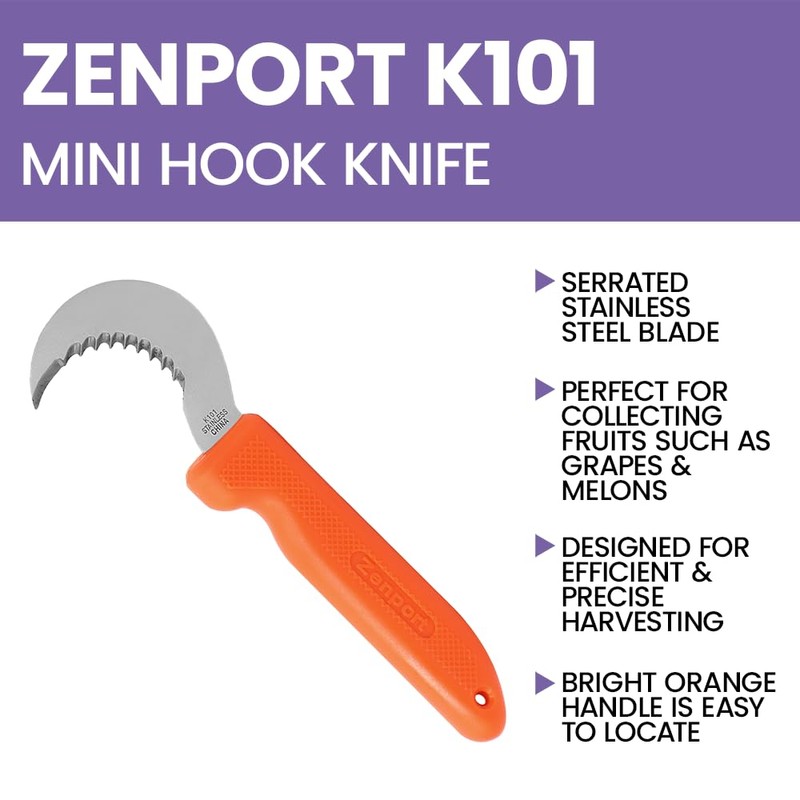 Zenport K101 Harvest Utility Knife, Grape and Melon, 3-Inch Hooked
