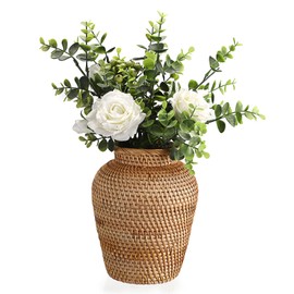 IGNPION Farmhouse Rattan Woven Vases, Decorative Aesthetic Flower Vase in 18cm High, Boho Pampas Grass Holder for Artificial Flowers, Fake Green Foliage, Dried Flower Arrangement