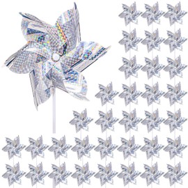 Qualirey 36 Pcs Reflective Pinwheels Bulk Silver Sparkly Pin Wheels for Yard and Garden Decor Bird Deterrent High Reflective Bird Repellent Devices Wind Spinner for Garden Lawn Farm Scare Birds