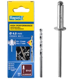 Rapid High Performance Aluminium Rivets, Ø4 x 10 mm - 4mm Rivets for Mudguards, Metal and Plastic Covering, Signage, and Metal Sheeting - Includes Drill - 50 Pieces, Carton Boxed (5001459)