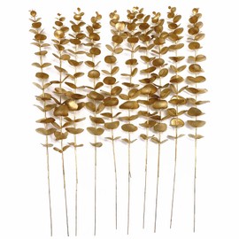 CATTREE Artificial Gold Eucalyptus, Faux Plastic Golden Plants 19" Tall 10 Pcs, Wreath Decorations Fake Shrubs for Wedding Hotel Hall Party Indoor Home Table Centerpieces DIY Decor Planting Filler
