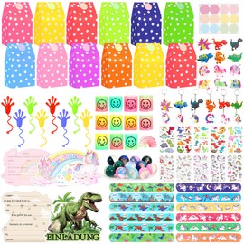 Party Bag Children's Birthday, Giveaways Children's Birthday Set with Dino Unicorns Snap Bracelet Key Ring Gift Bag Mini Dinos Figures and Tattoo Stickers, Bouncy Balls, Invitation Cards