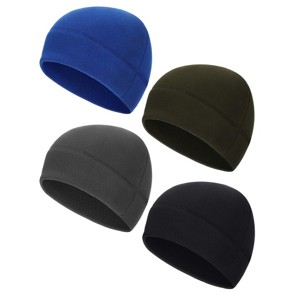4 Pieces Skull Caps for Men Winter Warm Fleece Hat Soft Polar Fleece Beanie Hat Thick Windproof Outdoor Skull Cap for Women (Dark Green, Grey, Royal Blue, Black, X-Large)