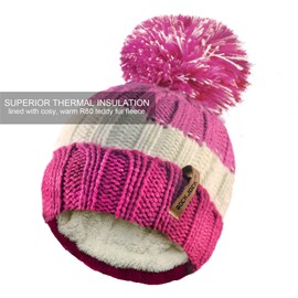 RockJock R80 Kids Girls Boys Ribbed Striped Thermal Insulating Bobble Hat with Cosy Fleece Lining- Pink/Cream