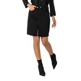 Nina Carter P213 Women's Short Denim Skirt with Front Slit Zip Stretch Distressed Look, Black (P213-8)