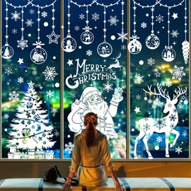 TOMEEK 163pcs Christmas Window Stickers Large Xmas Tree Santa Claus Elk Snowflake Reusable Double-Side Xmas Window Stickers PVC Window Clings for Christmas Decorations Shop Decals(White)