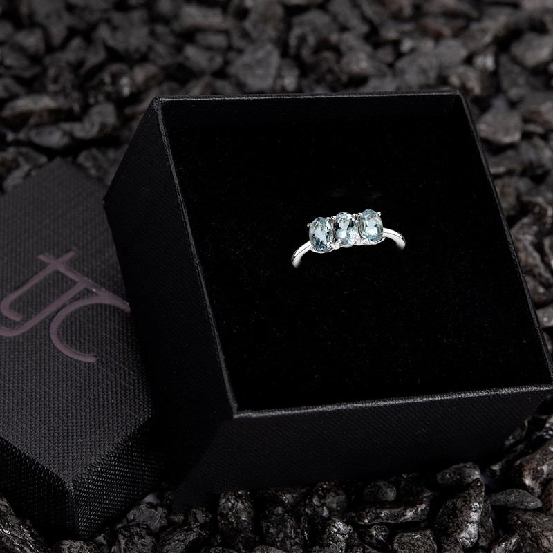 TJC Aquamarine Trilogy Ring for Women in Platinum Plated 925