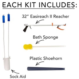 Sammons Preston Economy Hip Kit II, 4-Piece Kit Includes 32" Easireach II Reacher, 16.5" Plastic Shoehorn, Sock Aid with Built-Up Handles & Contoured Bath Sponge, Dressing Aids & Self-Care Tools
