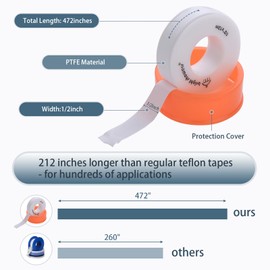 BRIGHT SHOWERS Teflon Tape Plumbers Tape PTFE Water Sealant Thread Tape, Plumbing Tape for Shower Heads and Pipe Thread Sealing, 472" Length 1/2" Width White 1 Pack