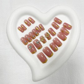 Butterfly Press on Nails Short Square Fake Nails Rhinestone Glue on nails Gold Foil False Nails French Tip with Design Pink Stick on Nails Glossy Acrylic Nails for Women Girls Manicure 24pcs