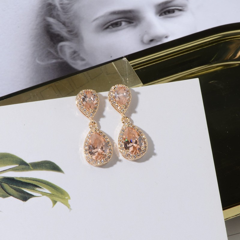 Champagne Earrings for Wedding Gold - Sterling Silver Pave Teardrop